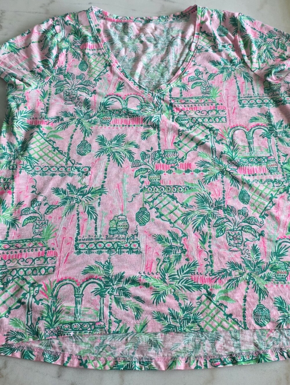 Lilly Pulitzer Pink V-Neck Tee with Green Tropical Print